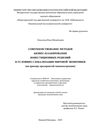 Совершенствование методов бизнес-планирования инвестиционных решений в условиях глобализации мировой экономики (на примере предприятий машиностроения)